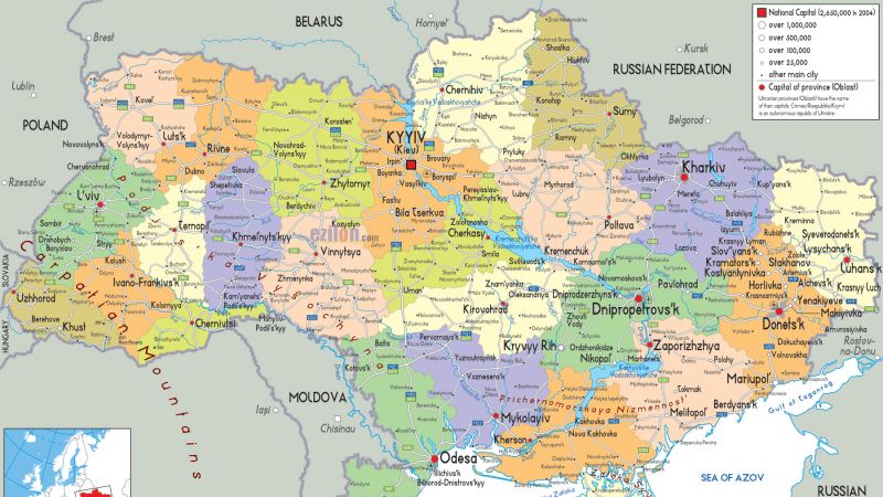 Административная карта Украины с городами, дорогами и аэропортами