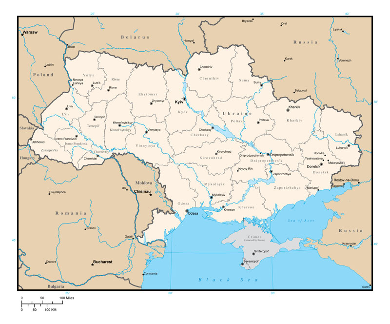 Детальная политико-административная карта Украины на английском