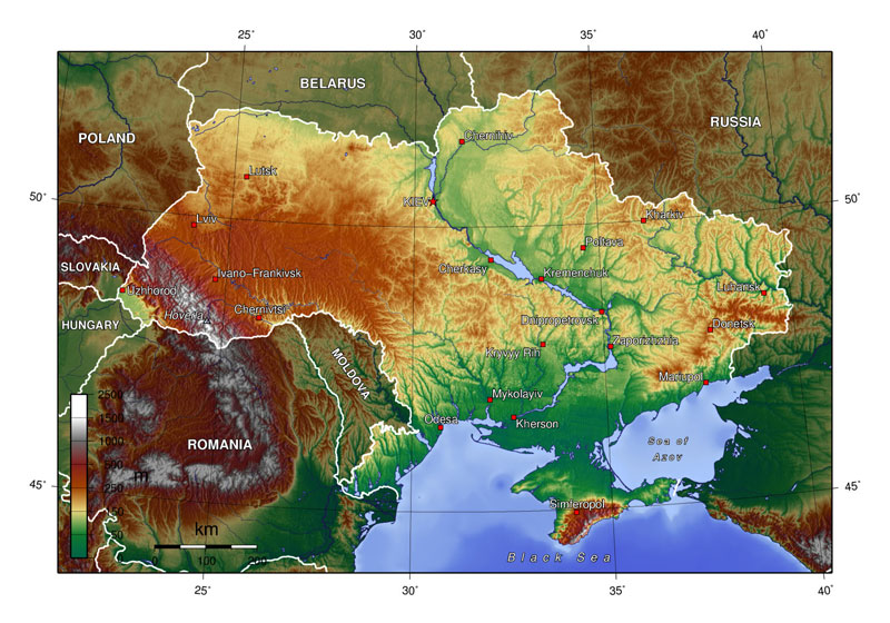 Подробная топографическая карта Украины на английском языке