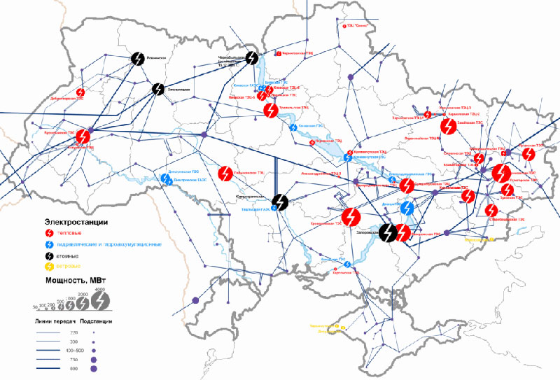 Карта расположения и соединения всех электростанций Украины