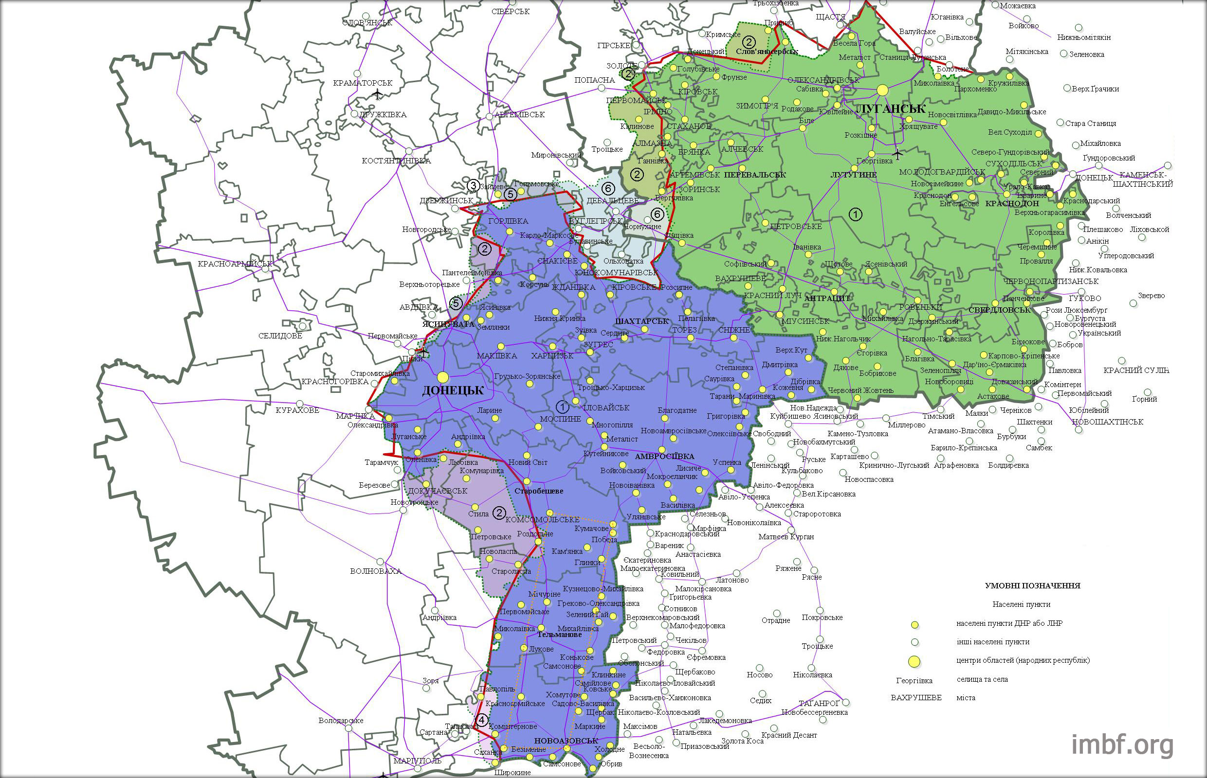 Карта Донецкой области, ЛНР, ДНР, 2018 (подробная)
