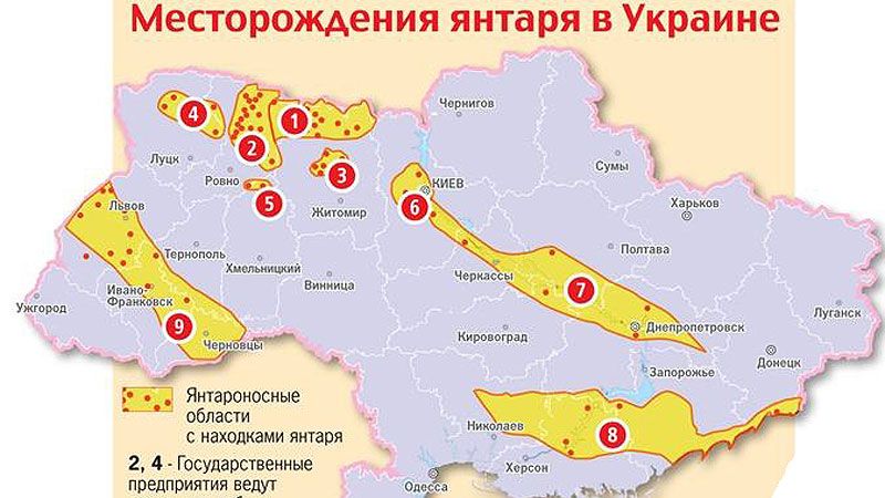 Карта месторождений янтаря в Украине