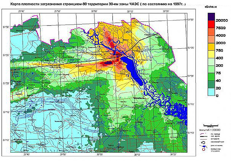 Карта плотности загрязнения стронцием-90 зоны ЧАЭС - 1997