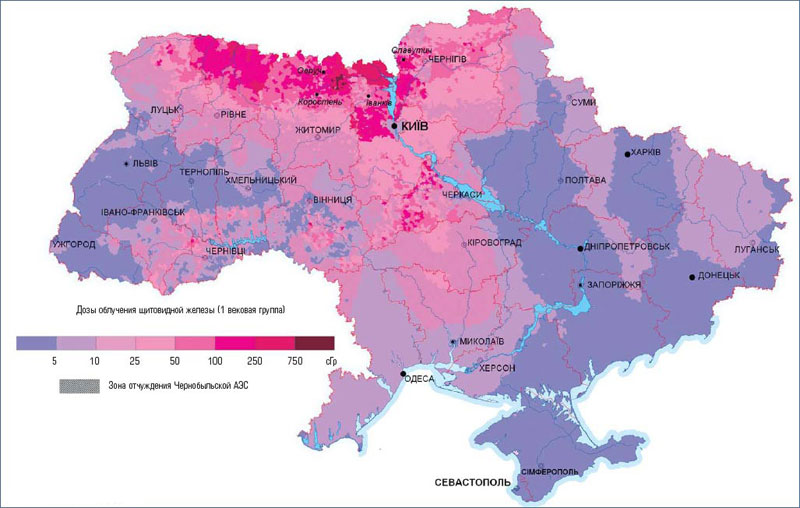 Карта прогноза доз облучения щитовидной железы населения Украины