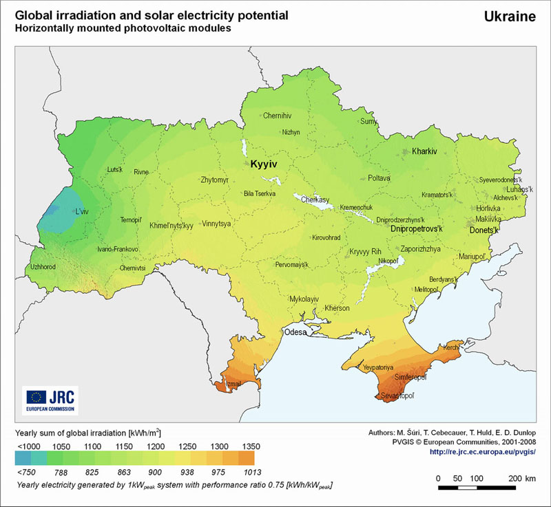 Карта солнечной радиации и потенциала выработки электроэнергии