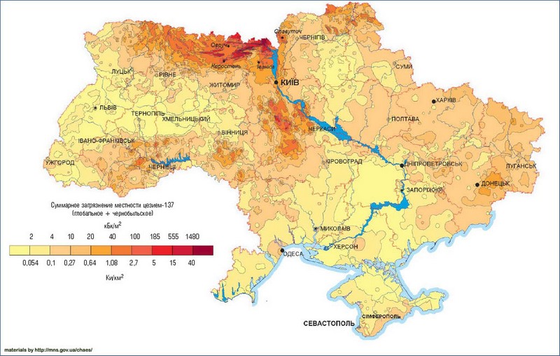 Карта загрязнения Украины цезием-137