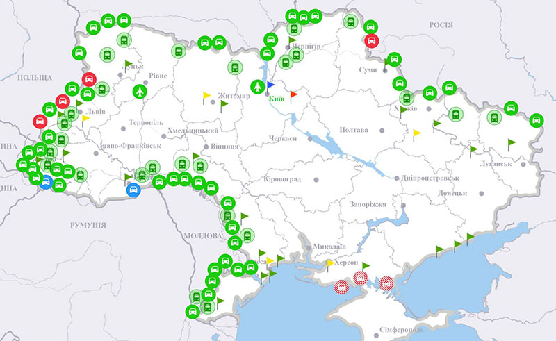 Карта расположения пропускных пунктов на Украинской границе