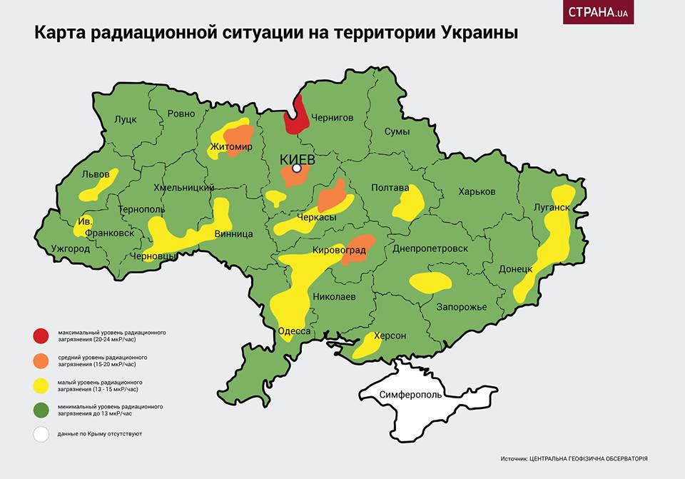 Карта уровеня радиационного загрязнения в 2016 году