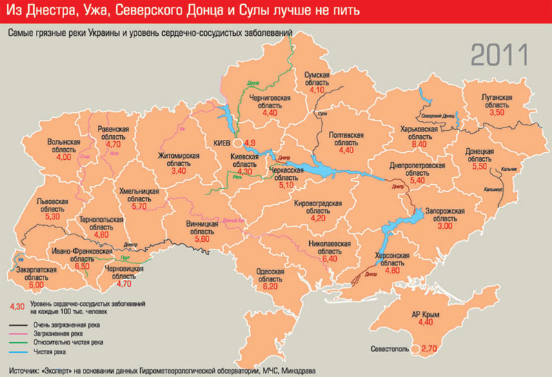 Самые грязные реки Украины и уровень СС заболеваний - 2011