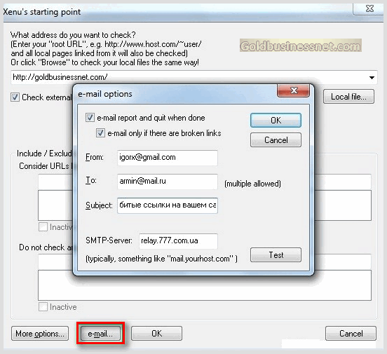 Опция e-mail в настройках программы Xenu's Link Sleuth
