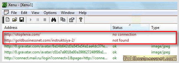 Использование табулятора «Status» в программе Xenu's Link Sleuth